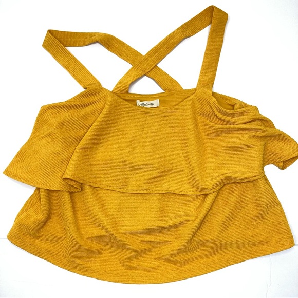Madewell Tank Top Gold Criss Cross Strap Crop Medium Yellow Ribbed Ruffle - Picture 10 of 16